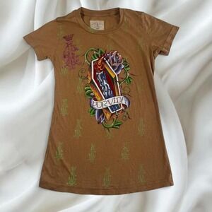Rare Christian Audigier Ed Hardy‎ tan casket graphic top y2k vintage grunge